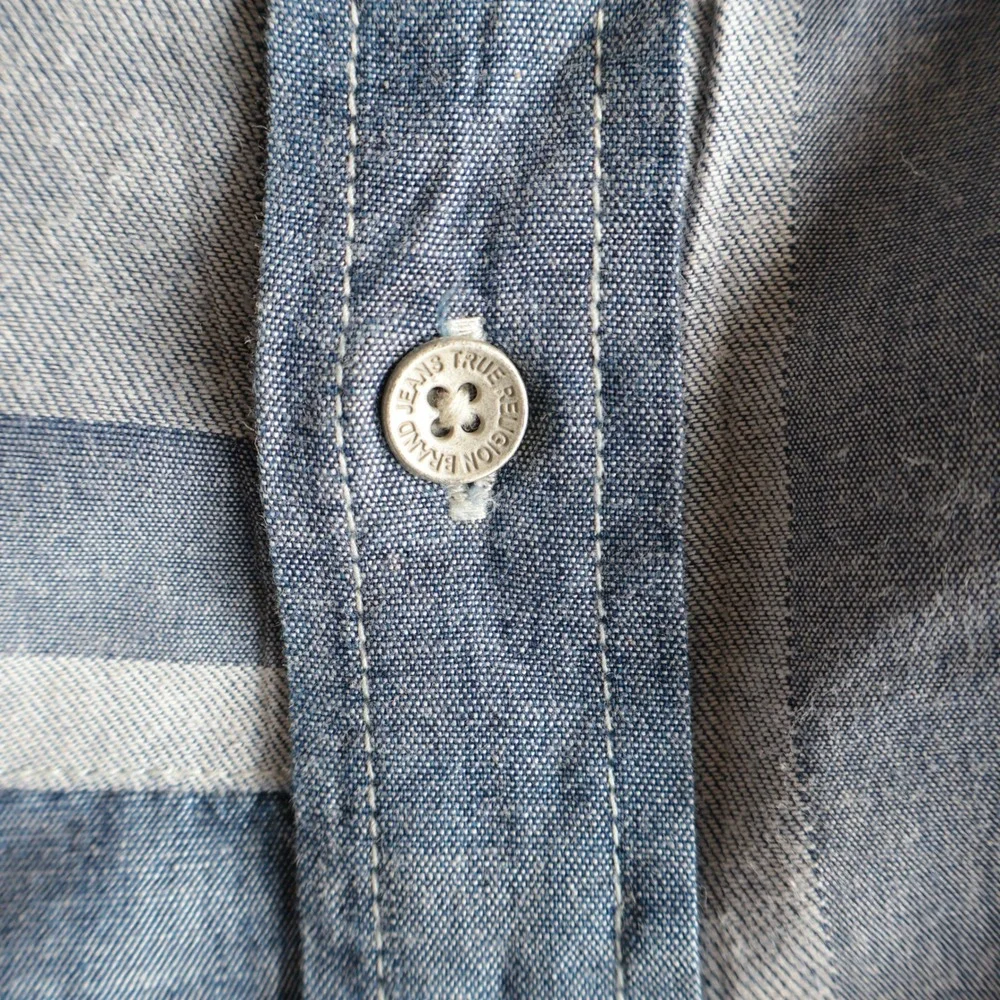 True Religion Mens Patchwork Chambray Denim Button Down Shirt Slim 3XL Blue
